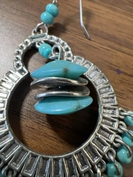 Behemian Style Silver Toned Hoop And Dangle Turquoise And Beads Earrings - Picture 5 of 5